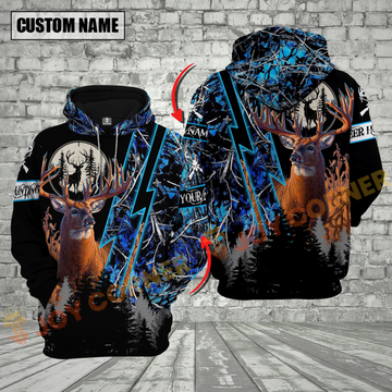 Joycorners Blue Camo Deer Hunting Custom Name Buck Deer With Forest Background 3D Hoodie All Over Printed Clothes