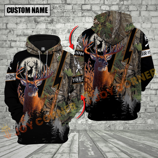 Joycorners Grass Brown Camo Deer Hunting Custom Name Buck Deer With Forest Background 3D Hoodie All Over Printed Clothes