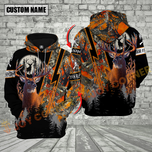 Joycorners Orange Camo Deer Hunting Custom Name Buck Deer With Forest Background 3D Hoodie All Over Printed Clothes