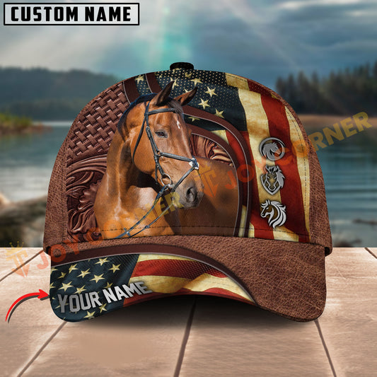 Joycorners Horse American Flag Leather Personalized Name 3D Hat