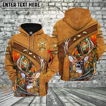 Joycorners Brown Leather Style Deer Hunting Custom Name Buck Hunter Apparel With Orange Camo 3D Hoodie All Over Printed Clothes