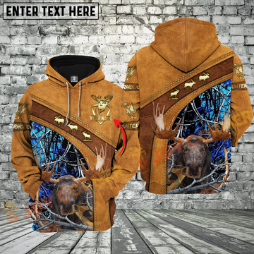 Joycorners Brown Leather Style Moose Hunting Custom Name Hunter Apparel With Blue Camo 3D Hoodie All Over Printed Clothes