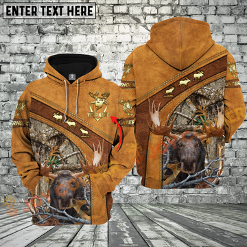 Joycorners Brown Leather Style Moose Hunting Custom Name Hunter Apparel With Grass Brown Camo 3D Hoodie All Over Printed Clothes