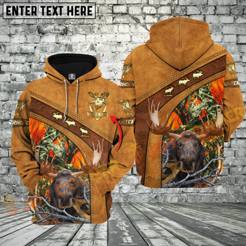Joycorners Brown Leather Style Moose Hunting Custom Name Hunter Apparel With Orange Camo 3D Hoodie All Over Printed Clothes