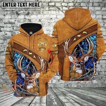 Joycorners Brown Leather Style Deer Hunting Custom Name Buck Hunter Apparel With Blue Camo 3D Hoodie All Over Printed Clothes