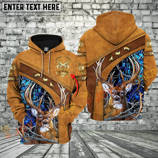 Joycorners Brown Leather Style Deer Hunting Custom Name Buck Hunter Apparel With Blue Camo 3D Hoodie All Over Printed Clothes