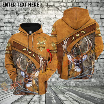 Joycorners Brown Leather Style Deer Hunting Custom Name Buck Hunter Apparel With Grass Brown Camo 3D Hoodie All Over Printed Clothes