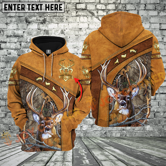 Joycorners Brown Leather Style Deer Hunting Custom Name Buck Hunter Apparel With Grass Brown Camo 3D Hoodie All Over Printed Clothes