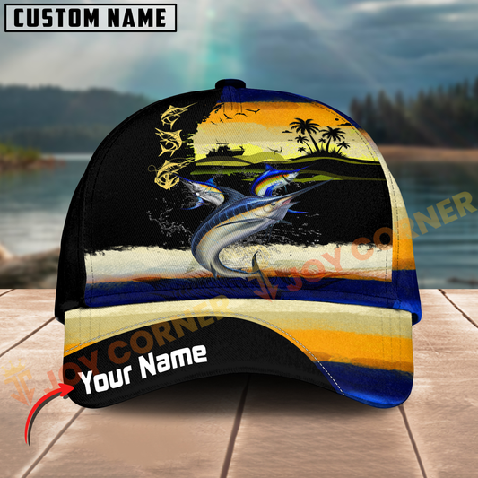 Joycorners Marlin Fishing Sunset Wave Customized Name 3D Cap