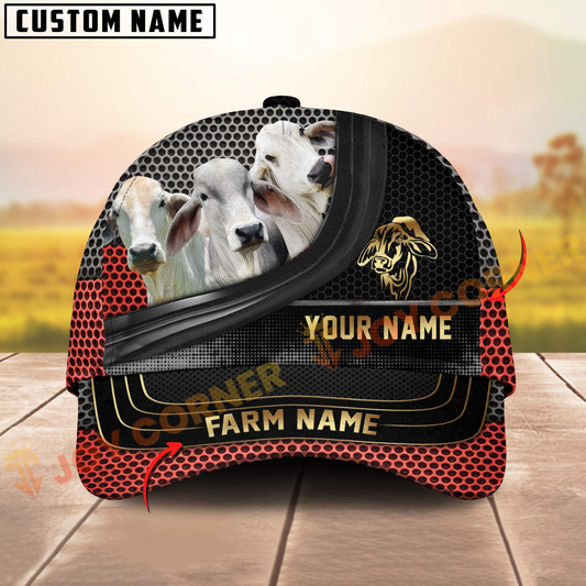 Joycorners Brahman Cow Farm Red Mesh Design Customized Name And Farm Name 3D Classic Cap