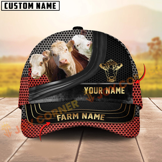 Joycorners Hereford Cow Farm Red Mesh Design Customized Name And Farm Name 3D Classic Cap