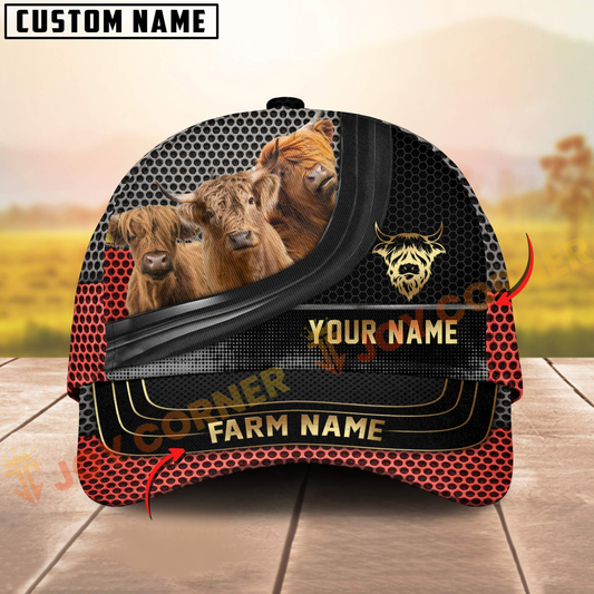 Joycorners Highland Cattle Farm Red Mesh Design Customized Name And Farm Name 3D Classic Cap