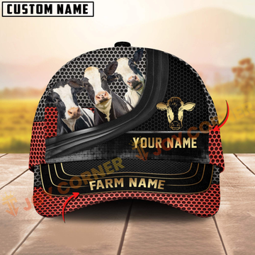 Joycorners Holstein Cow Farm Red Mesh Design Customized Name And Farm Name 3D Classic Cap
