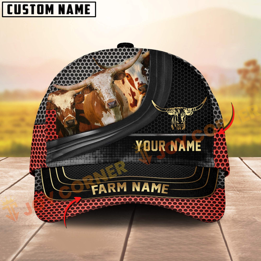 Joycorners Texas Longhorn Farm Red Mesh Design Customized Name And Farm Name 3D Classic Cap