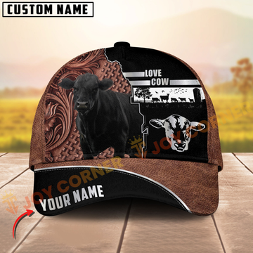 Joycorners Black Angus Cow Western Leather Pattern Customized Name 3D Cap