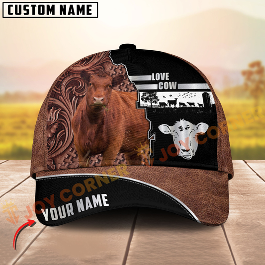 Joycorners Red Angus Cow Western Leather Pattern Customized Name 3D Cap