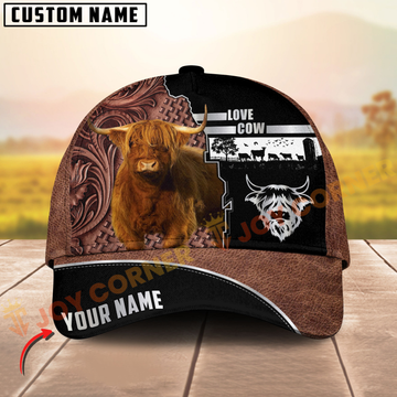 Joycorners Highland Cattle Cow Western Leather Pattern Customized Name 3D Cap