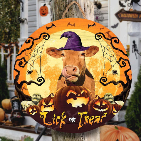 Joycorners Happy Halloween Limousin Lick Or Treat Round Wooden Sign