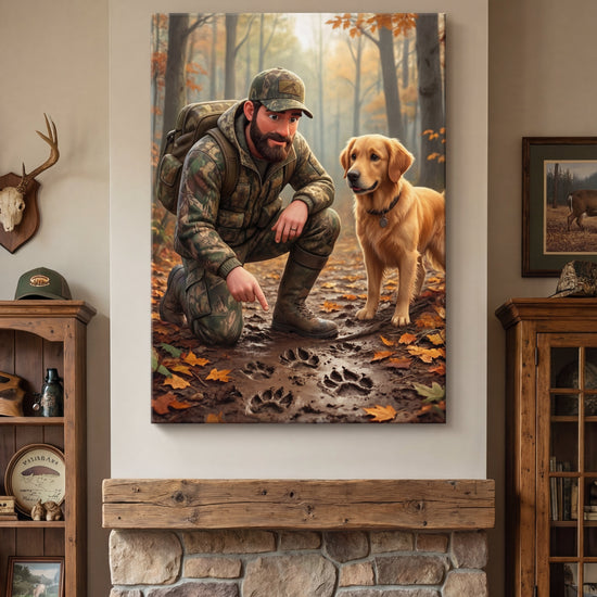 Living room with a fireplace, two brown leather chairs, and a large painting of a hunter and dog on the wall.