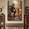 Living room with a fireplace, two brown leather chairs, and a large painting of a hunter and dog on the wall.