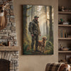 Living room with a painting of a hunter and dog on the wall, leather chair, and stone fireplace.