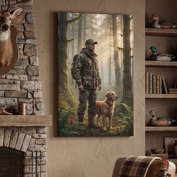 Living room with a painting of a hunter and dog on the wall, leather chair, and stone fireplace.