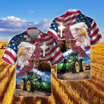 Joy Corners Texas Longhorn With Eagles And Tractor 3D Hawaiian Shirt