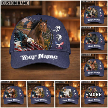 Joycorners Personalized Horse & Bald Eagle USA Flag Baseball Cap (9 Breeds)