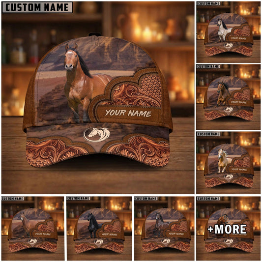 Joycorners Personalized Western Horse Tooled Leather Cap (9 Horses)