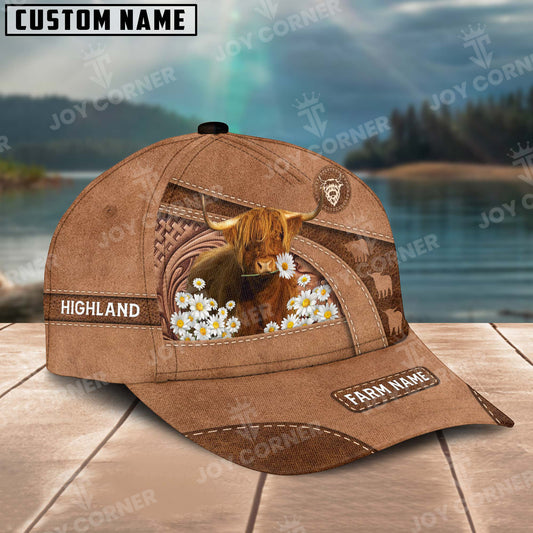 Joycorners Highland Personalized Name Brown Carving Leather Pattern 3D Classic Cap 2