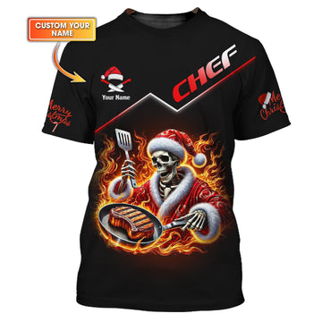 Joycorners Custom Name Chef Skeleton Christmas T-Shirt Personalized Name Gift For Chef Lovers MT2509