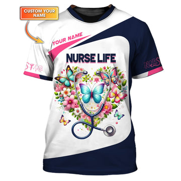 Joycorners 3D Full Print Stethoscope With Flower Heart T-Shirts Personalized Name Gift For Nurse Lovers MT2509