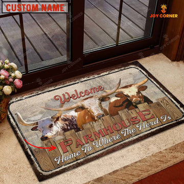 Joycorners Texas Longhorn Custom Name - Home To Where The Herd Is FarmHouse Doormat