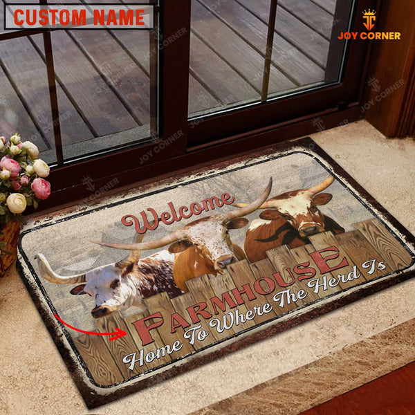 Joycorners Texas Longhorn Custom Name - Home To Where The Herd Is FarmHouse Doormat