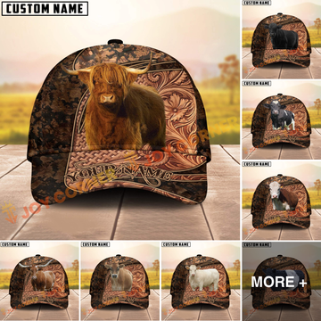 Joycorners Rustic Cow Western Tooled Pattern Custom Name 3D Cap (10 Breeds)