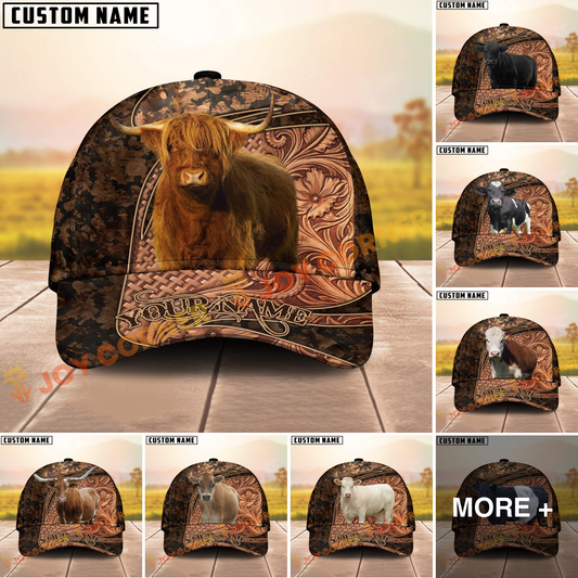 Joycorners Rustic Cow Western Tooled Pattern Custom Name 3D Cap (10 Breeds)