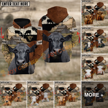 Joycorners Cow Custom Name Hoodie – Barn Farm Background & Faux Leather Design Personalized Name 3D Hoodie(10 Cattle Breeds)
