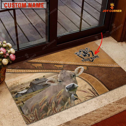 Joycorners Farm Personalized Name Brown Swiss Cattle Doormat