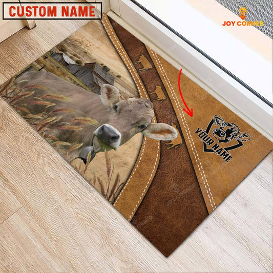 Joycorners Farm Personalized Name Brown Swiss Cattle Doormat