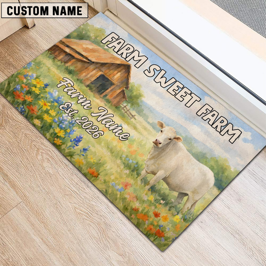 Joycorners Sweet Farm Custom Name Cow Welcome Doormat (8 Cattle Breeds)
