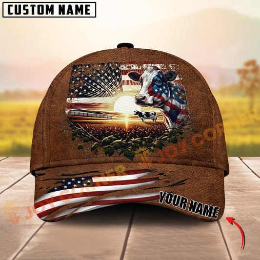 Joycorners Cow USA Flag Sunset Leather Pattern Custom Name 3D Cap (10 cattle Breeds)