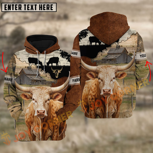 Joycorners Cow Custom Name Hoodie – Barn Farm Background & Faux Leather Design Personalized Name 3D Hoodie(10 Cattle Breeds)