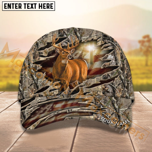 Joycorners Deer Hunting USA Flag Crack Cross Camo Pattern Personalized Name 3D Cap For Deer Hunter (8 colors)