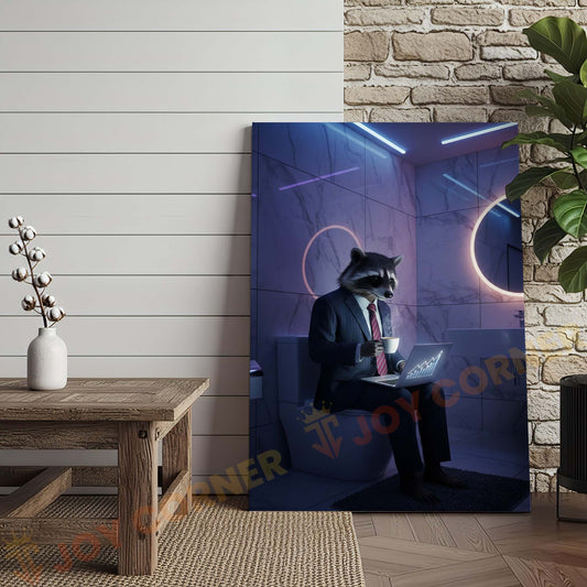 Joycorners Raccoon Working on Laptop in Bathroom Wrapped Canvas