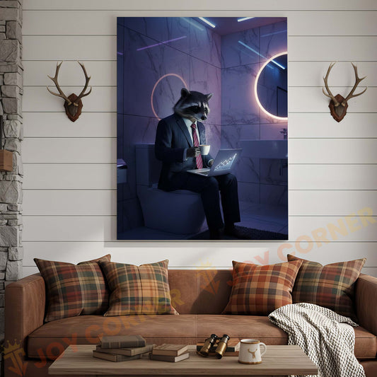 Joycorners Raccoon Working on Laptop in Bathroom Wrapped Canvas