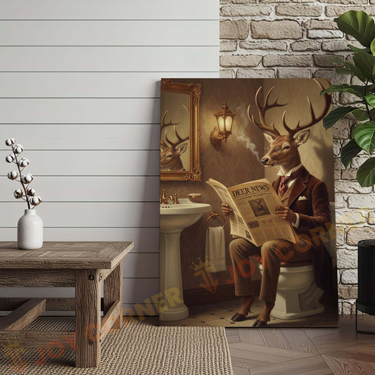 Joycorners Deer Reading Deer News in Bathroom Wrapped Canvas