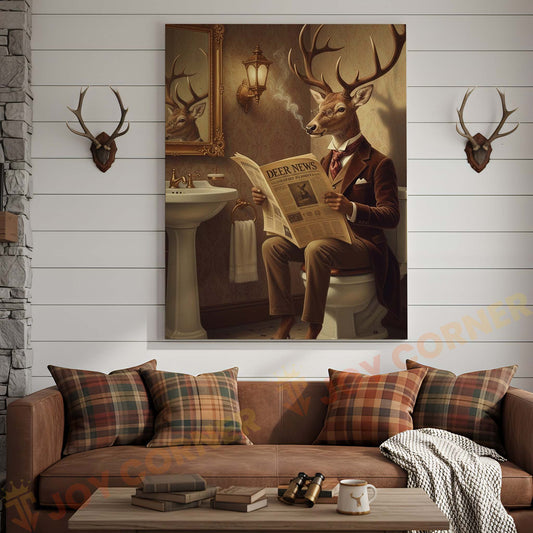 Joycorners Deer Reading Deer News in Bathroom Wrapped Canvas
