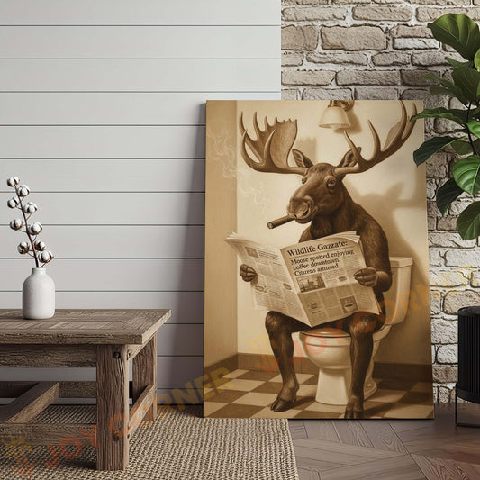 Joycorners Moose Reading Wildlife Gazette in Bathroom Wrapped Canvas