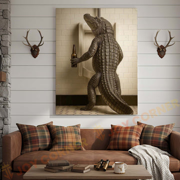 Joycorners Alligator Holding Beer at Urinal Wrapped Canvas