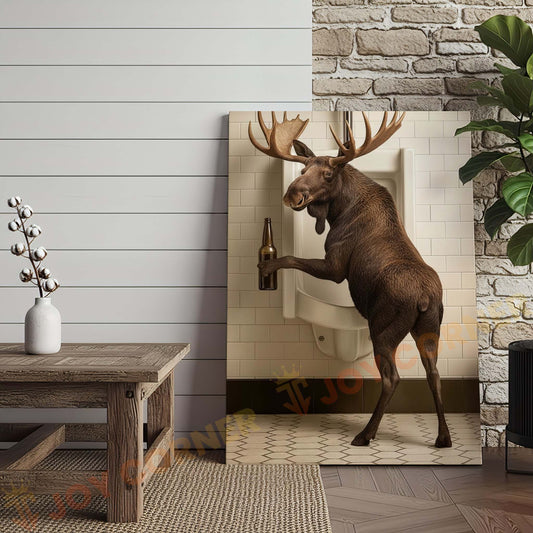Joycorners Moose Holding Beer at Urinal Wrapped Canvas